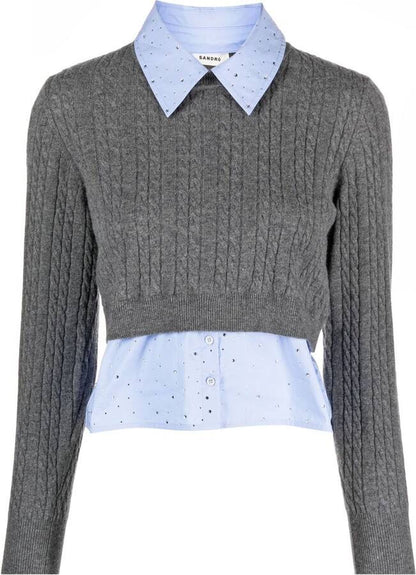 SD Layered Cable-Knit Sweater Top with Rhinestone Embellishments
