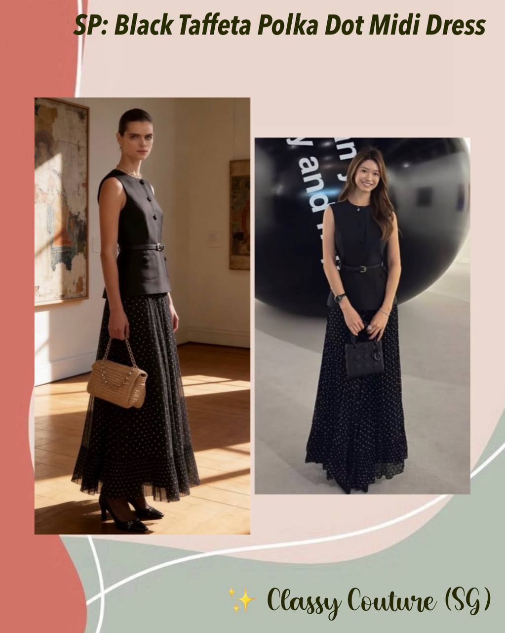 SP Black Taffeta Polka Dot Midi Dress