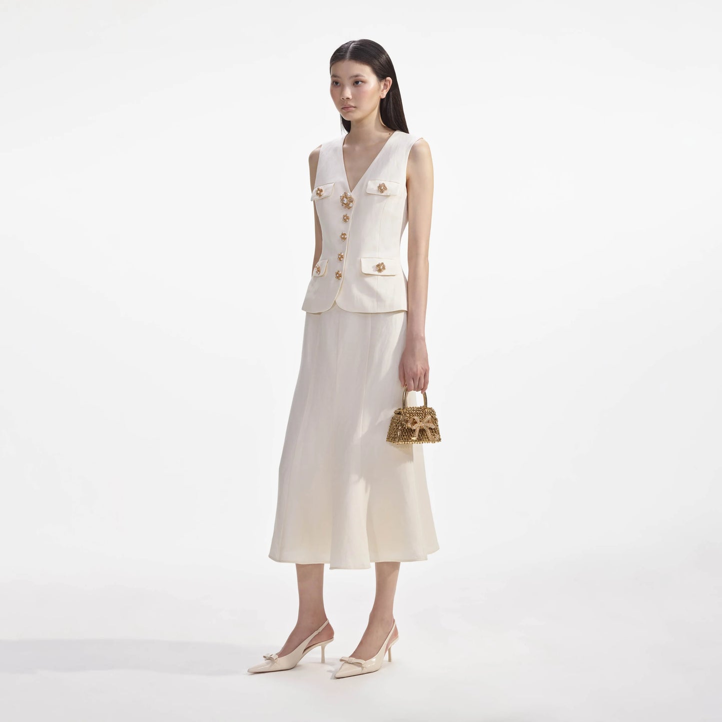 SP Cream Button Linen Midi Dress