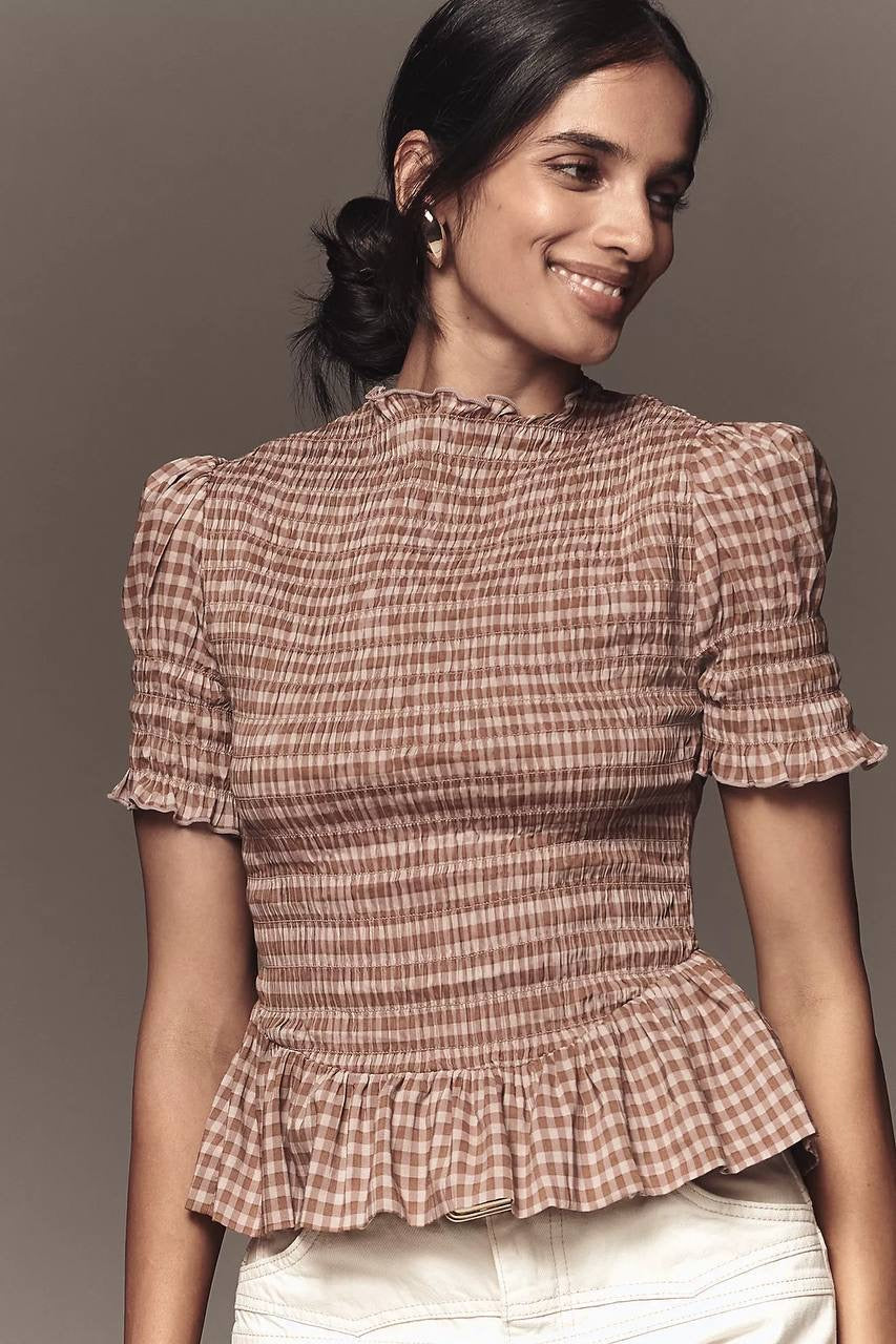 Ref Aggie Puff-Sleeve Smocked Peplum Top