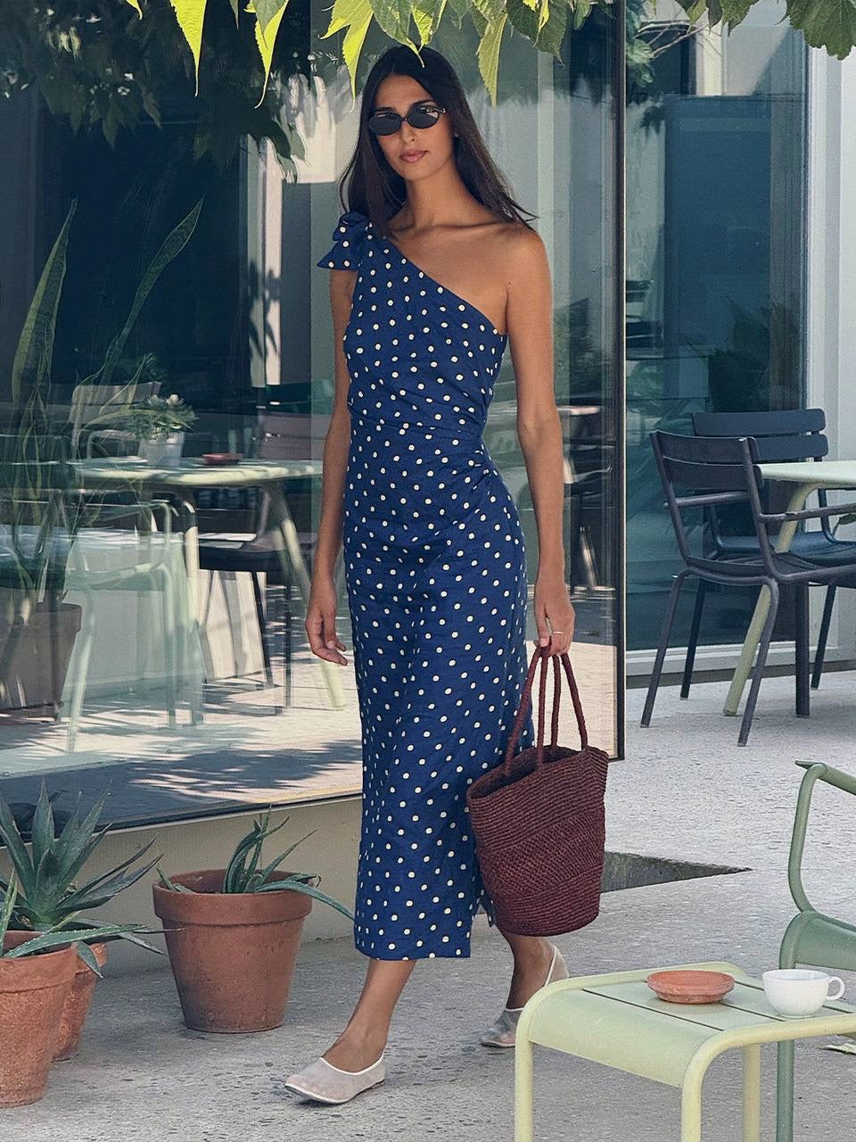 KV Lily One-Shoulder Toga Midi Dress | Strapless Bubble Cotton-Linen Polka Dot Maxi Dress