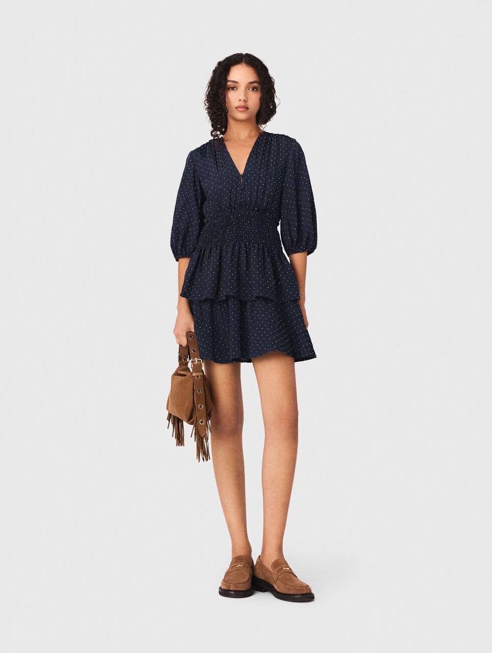 MJ Ruffle And Rhinestone Mini Dress in Navy Blue