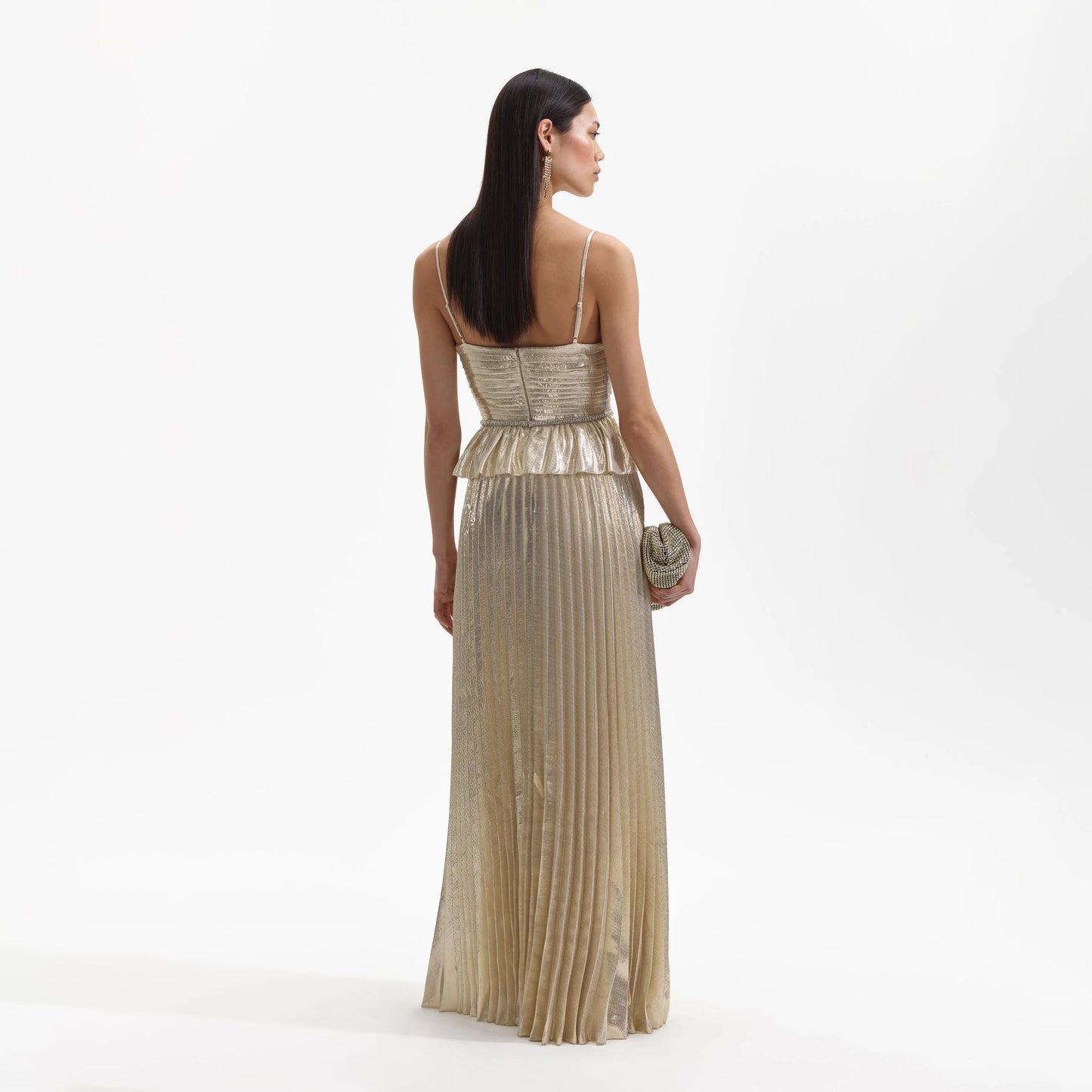 SP Gold Metallic Peplum Pleated Maxi Dress