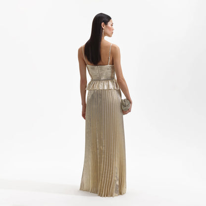 SP Gold Metallic Peplum Pleated Maxi Dress