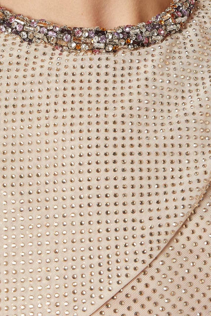 SP Green & Champagne Rhinestone-embellished Draped Sleeve Maxi Dress