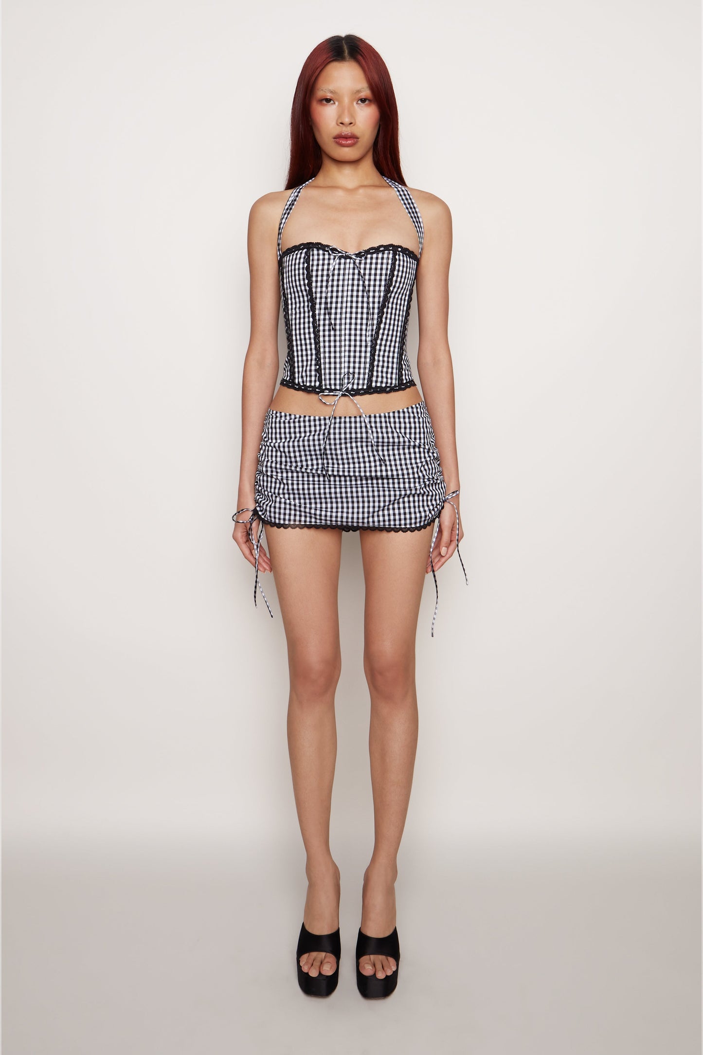 GZ Gingham Lace Corset Cotton Halter Top