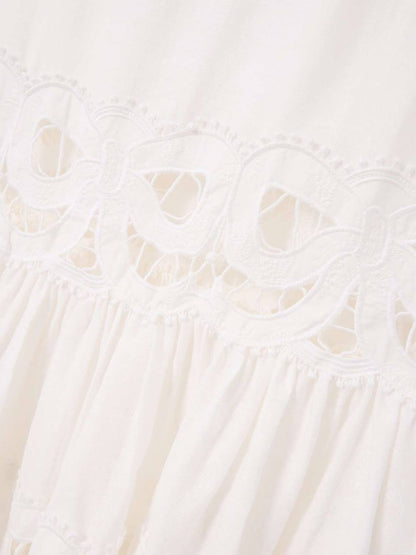 SP White Linen Lace Insert Belted Midi Dress