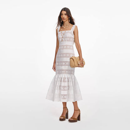 SP White Cotton Embroidered Cotton Flared Mermaid Midi Dress
