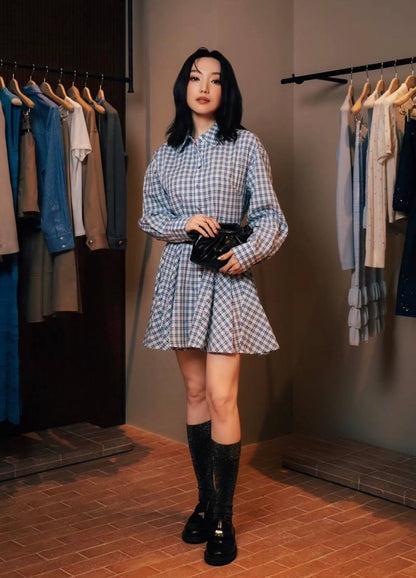 MJ Romimi Gingham Rhinestone Cotton Shirtdress Mini Dress
