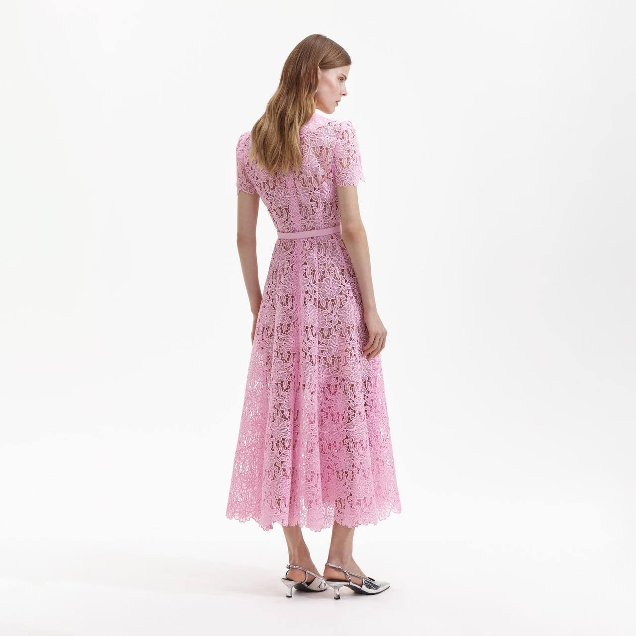 SP Pink Guipure Midi Dress Collar Lace