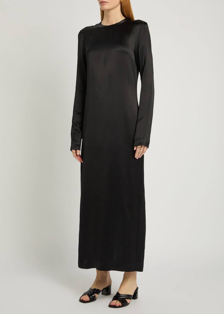TOT Viscose Satin High-Neck Long Sleeve Midi Maxi Dress