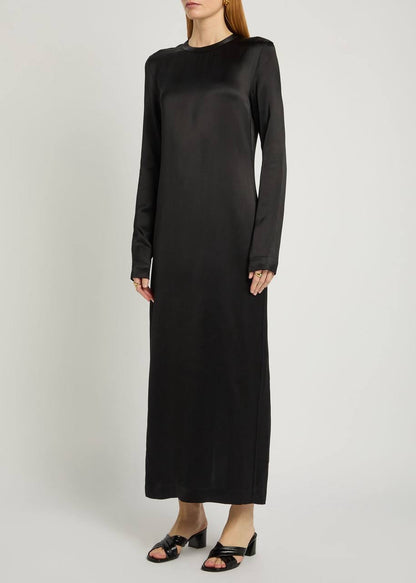 TOT Viscose Satin High-Neck Long Sleeve Midi Maxi Dress