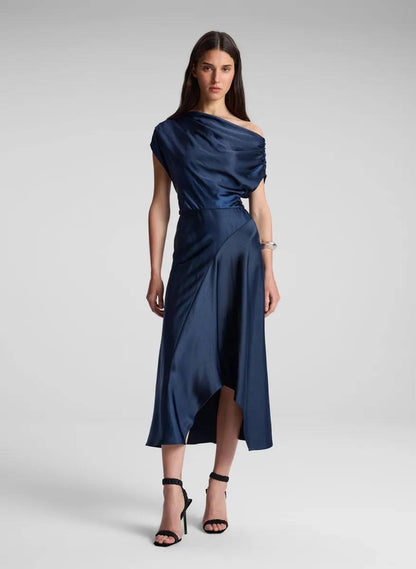 ALC Jasmine Ruched One Shoulder Satin Midi Dress