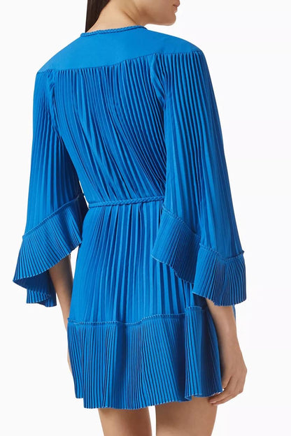 MJ Pleated Braided Drawstring Bell-sleeve Mini Dress
