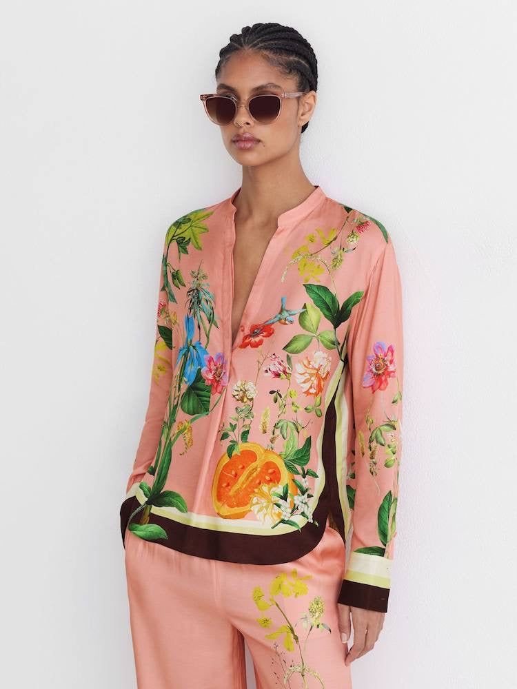 PETITE/REGULAR! RS Pink Milos Tropical Scarf-Print Half-button Shirt | Wide-leg Trousers | Drawstring Shorts | Viscose Set