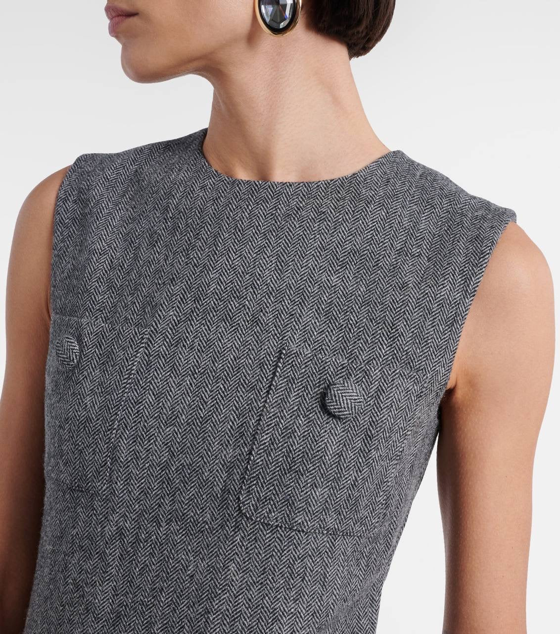 SP Grey Herringbone Belted Drop Waist Flared Mini Dress
