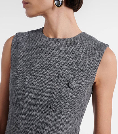 SP Grey Herringbone Belted Drop Waist Flared Mini Dress