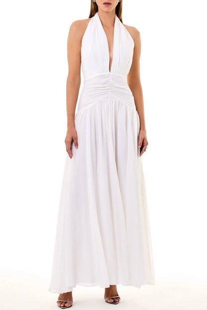 NC Arella Plunge Halter Ruched Maxi Dress