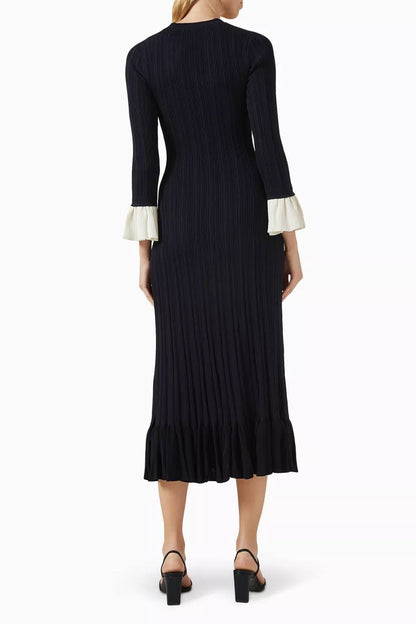 SD Knitted V Neck Contrast Sleeve Midi Dress in Navy blue & Black