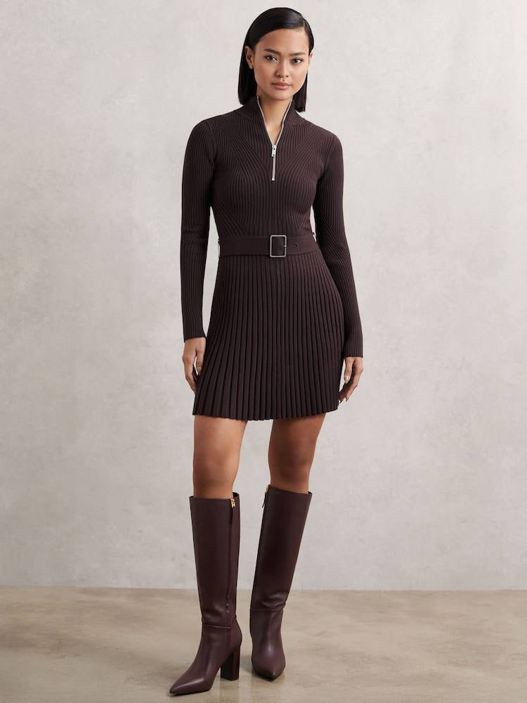 RS Vienna Rib-Knit Belted Half-Zip Flippy Dress