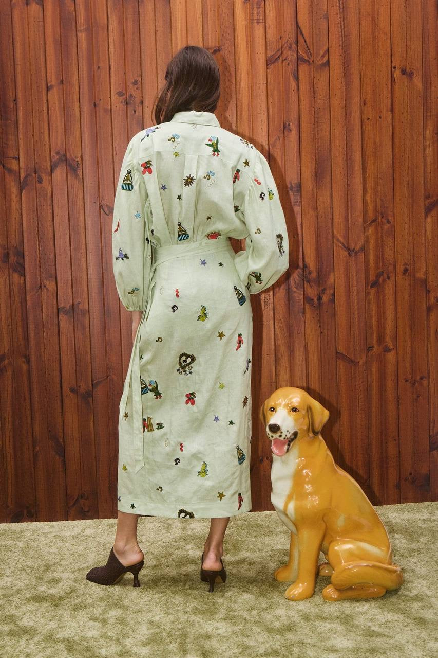 ALM Montie Embroidered Linen Shirt | Tie Wrap Midi Skirt | Set