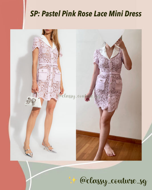 SP Pastel Pink Rose Lace Belted Mini Dress with White Collar