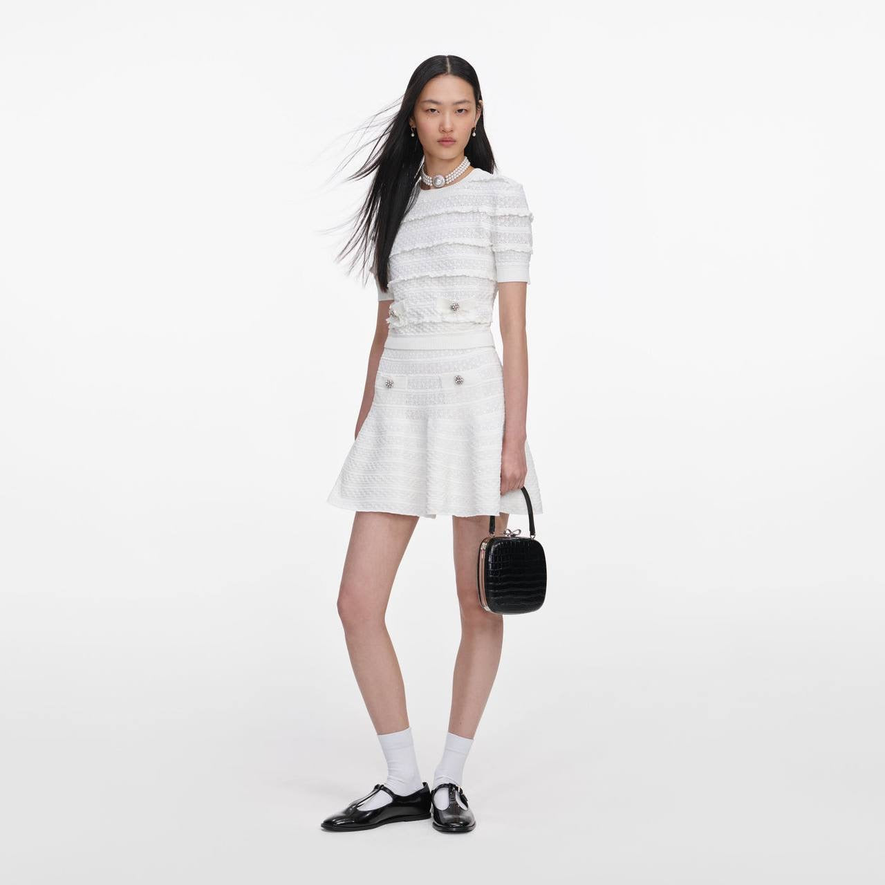 SP White Pointelle Short-Sleeve Sweater Top | Midi Skirt | Set