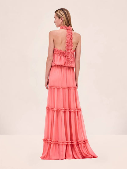 ALX Izbelle Crinkled Chiffon Floral Tiered Halter Maxi Dress in Hibiscus