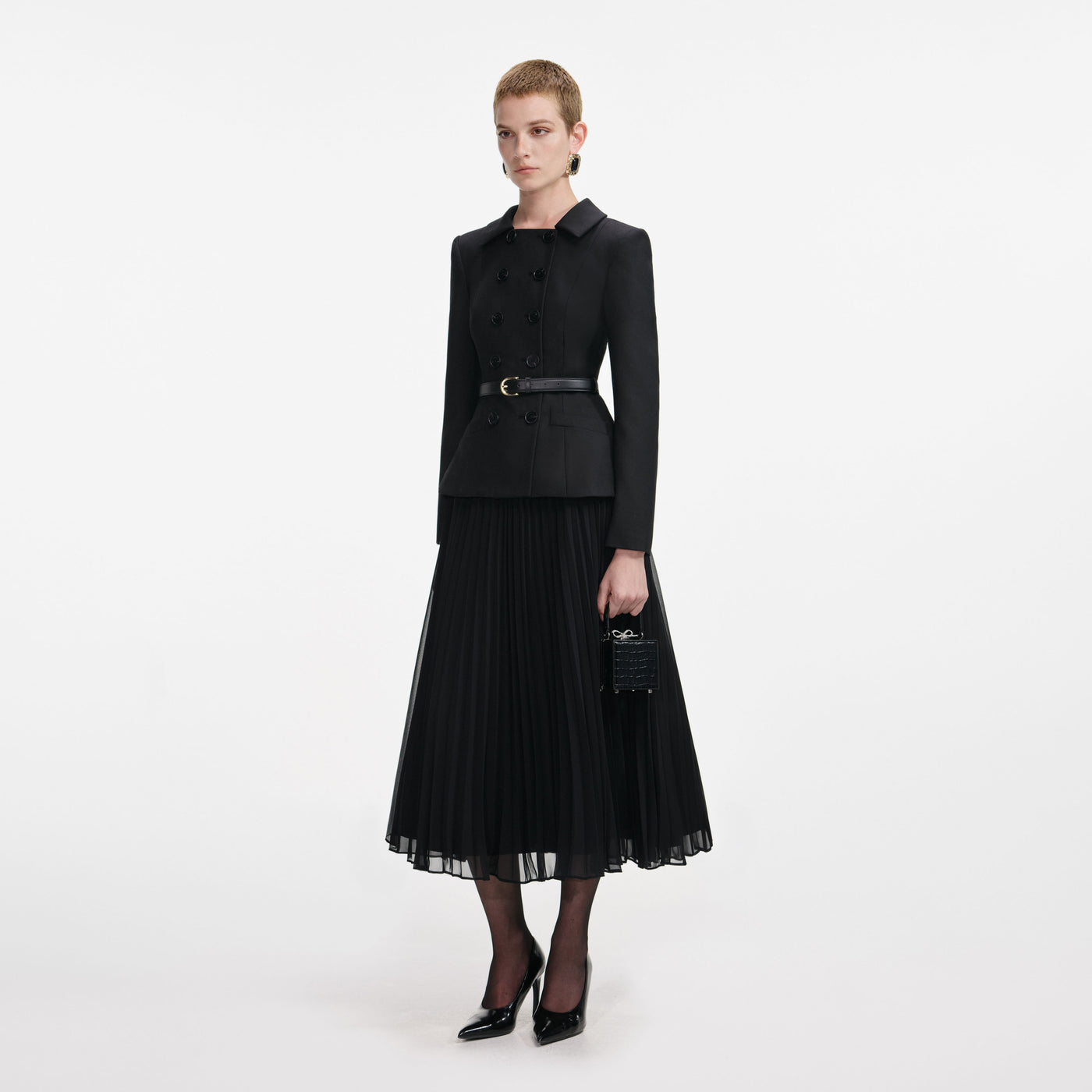 SP Black Wool Crepe Long Sleeve Chiffon Belted Midi Dress