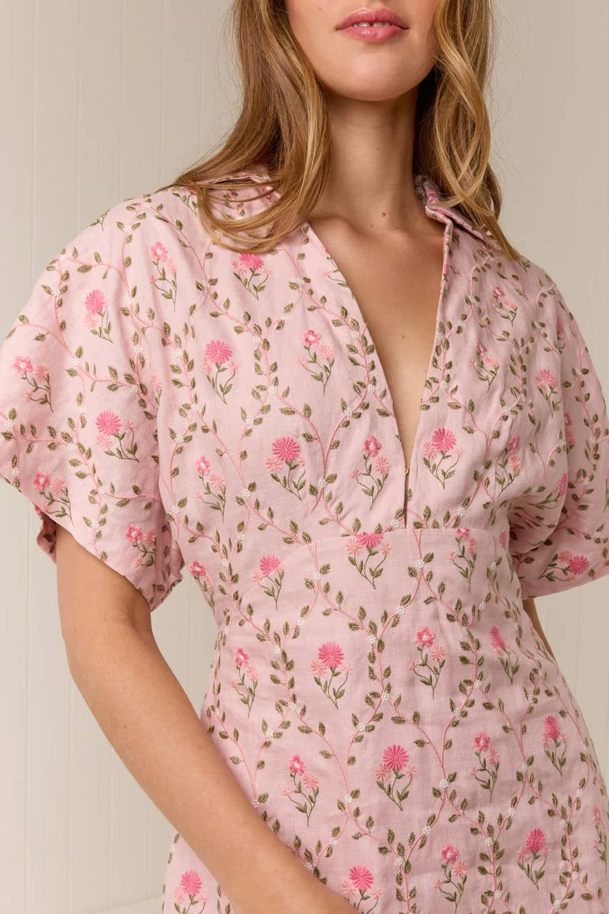 PN Ava Linen-cotton Midi Maxi Dress in Luxembourg Tile Pink Floral