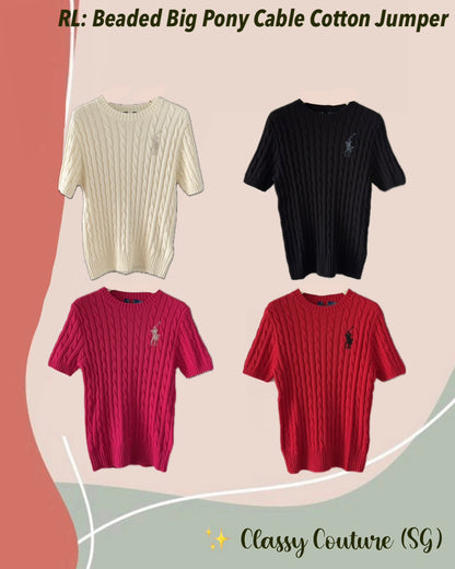4 Colors! RL Beaded Big Pony Cable Short Sleeve Cotton Jumper Shirt