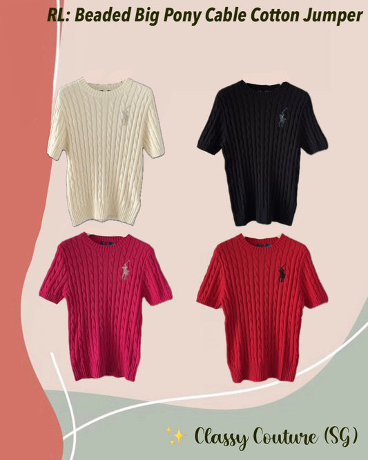 4 Colors! RL Beaded Big Pony Cable Short Sleeve Cotton Jumper Shirt