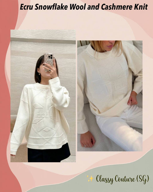 Unisex Ecru Snowflake Wool and Cashmere Knit Pullover Sweater