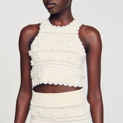 SD Iman Knit Crop Top | Imanie Openwork Knit Midi Skirt | Tassel Appliqué Set