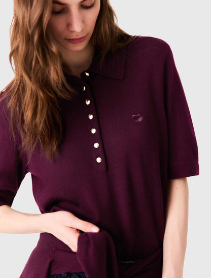 Malila Polo Collar Jumper Top | Cardigan with Embroidered Logo | Wool Burgundy Purple-red Set
