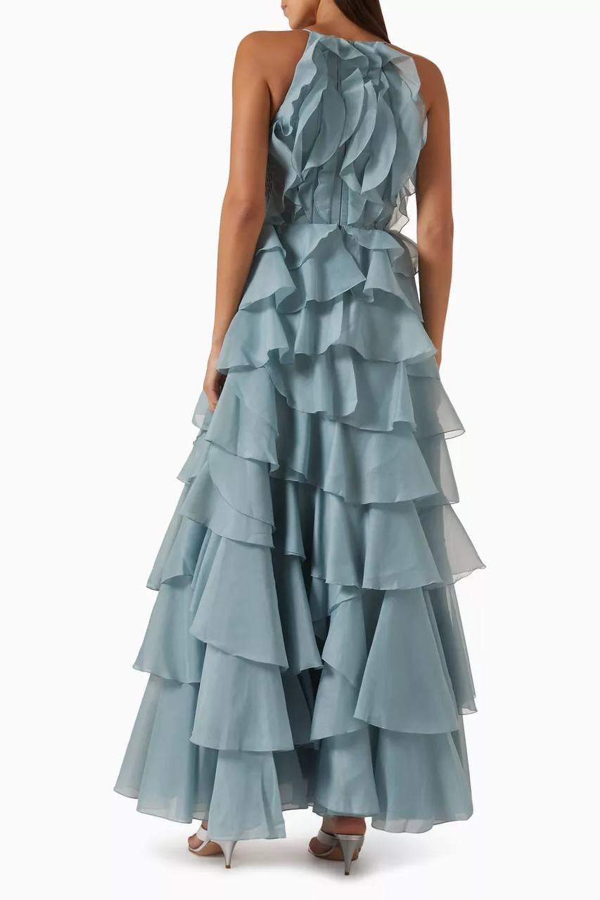 AJ Cleo Ruffle Tiered Organza Keyhole Gown Maxi Dress