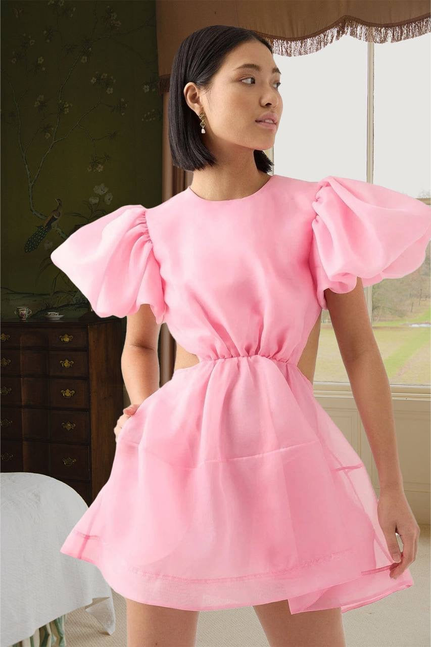 AJ Simplicity Puff Sleeve Cut Out Mini Dress in Ballet Pink