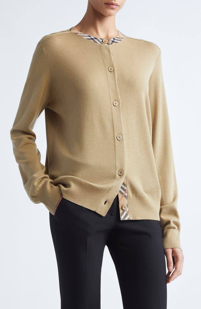 Check-trim Collar Wool Crewneck Cardigan