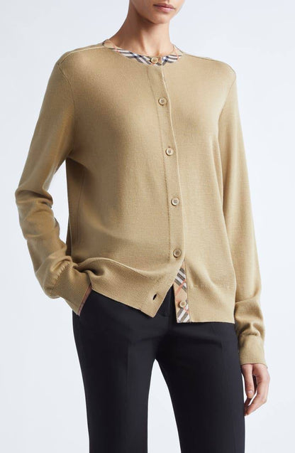 Check-trim Collar Wool Crewneck Cardigan