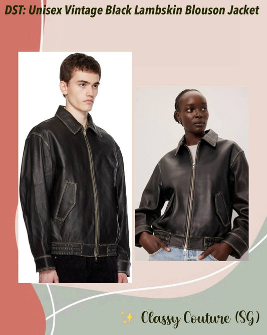DST Unisex Vintage Black Lambskin Leather Blouson Jacket
