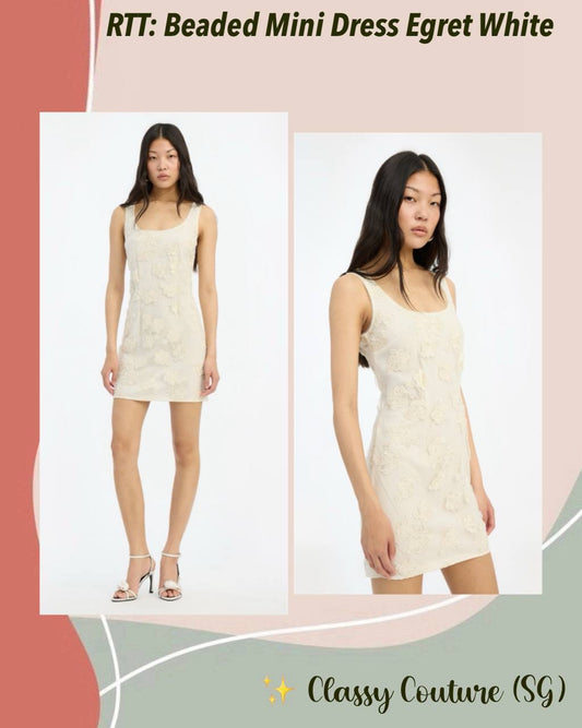 RT Beaded Square-neck Mini Dress in Egret White