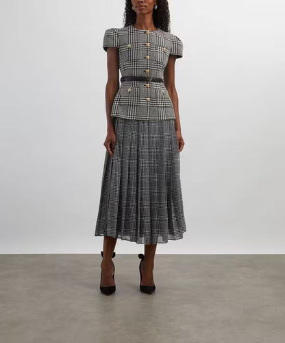 Grey Houndstooth Pleated Short Sleeve Tailored Midi Dress