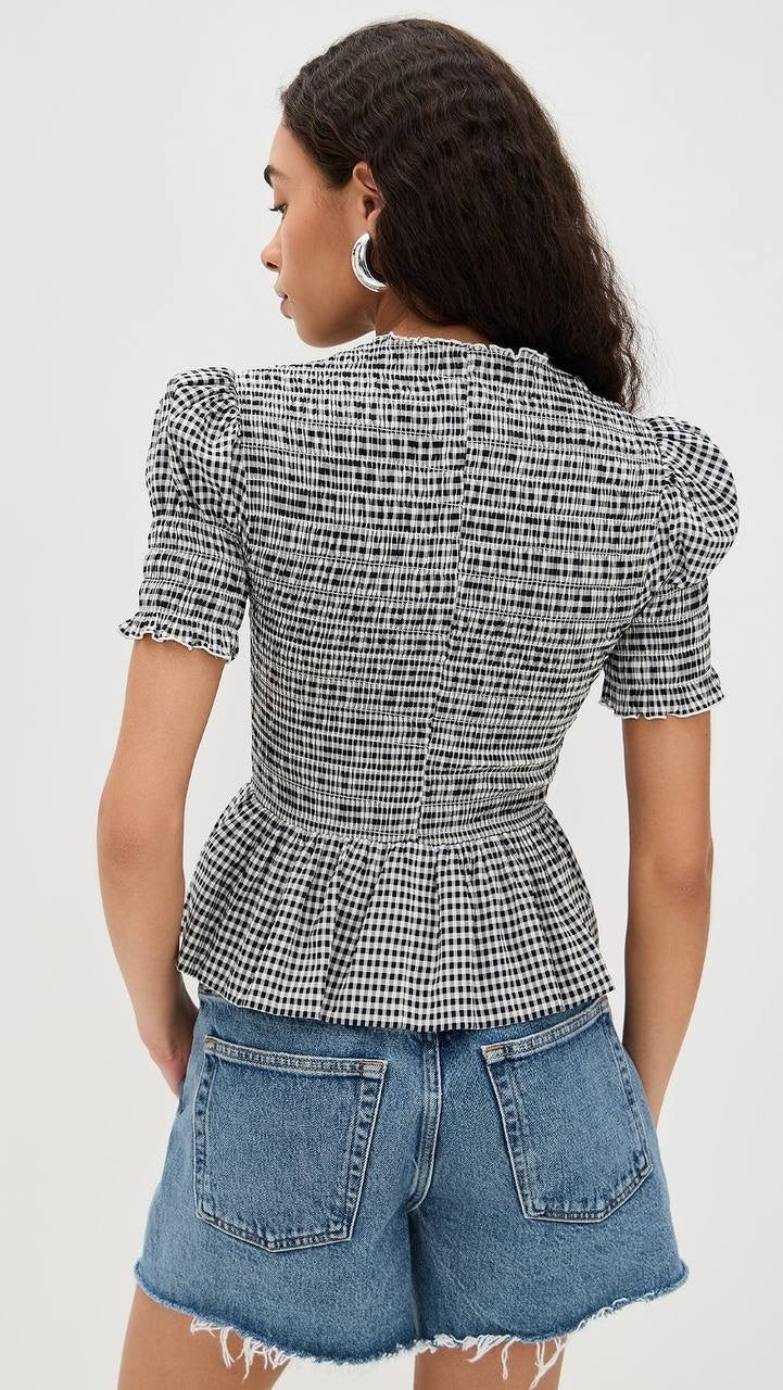 Ref Aggie Puff-Sleeve Smocked Peplum Top