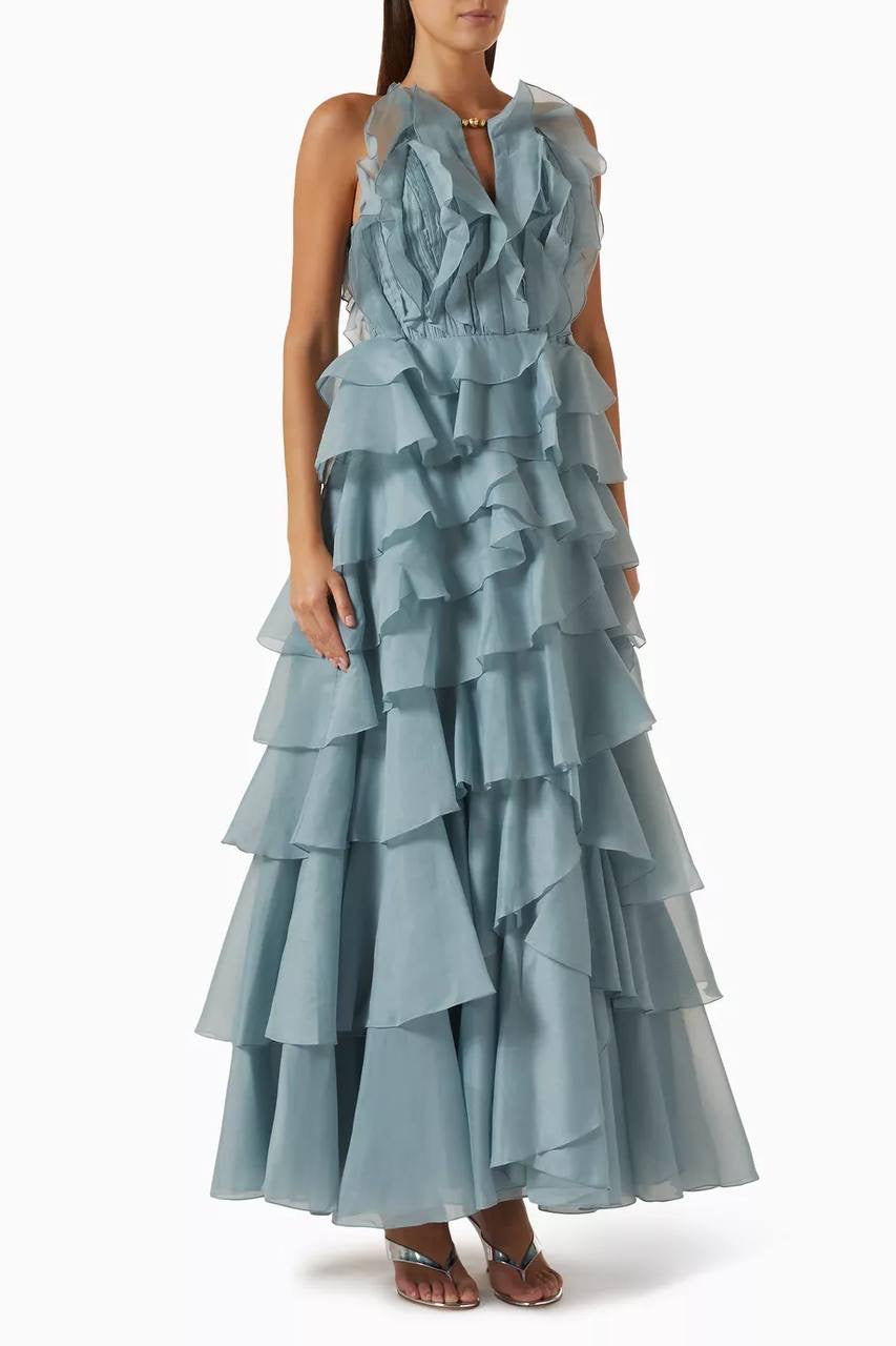AJ Cleo Ruffle Tiered Organza Keyhole Gown Maxi Dress