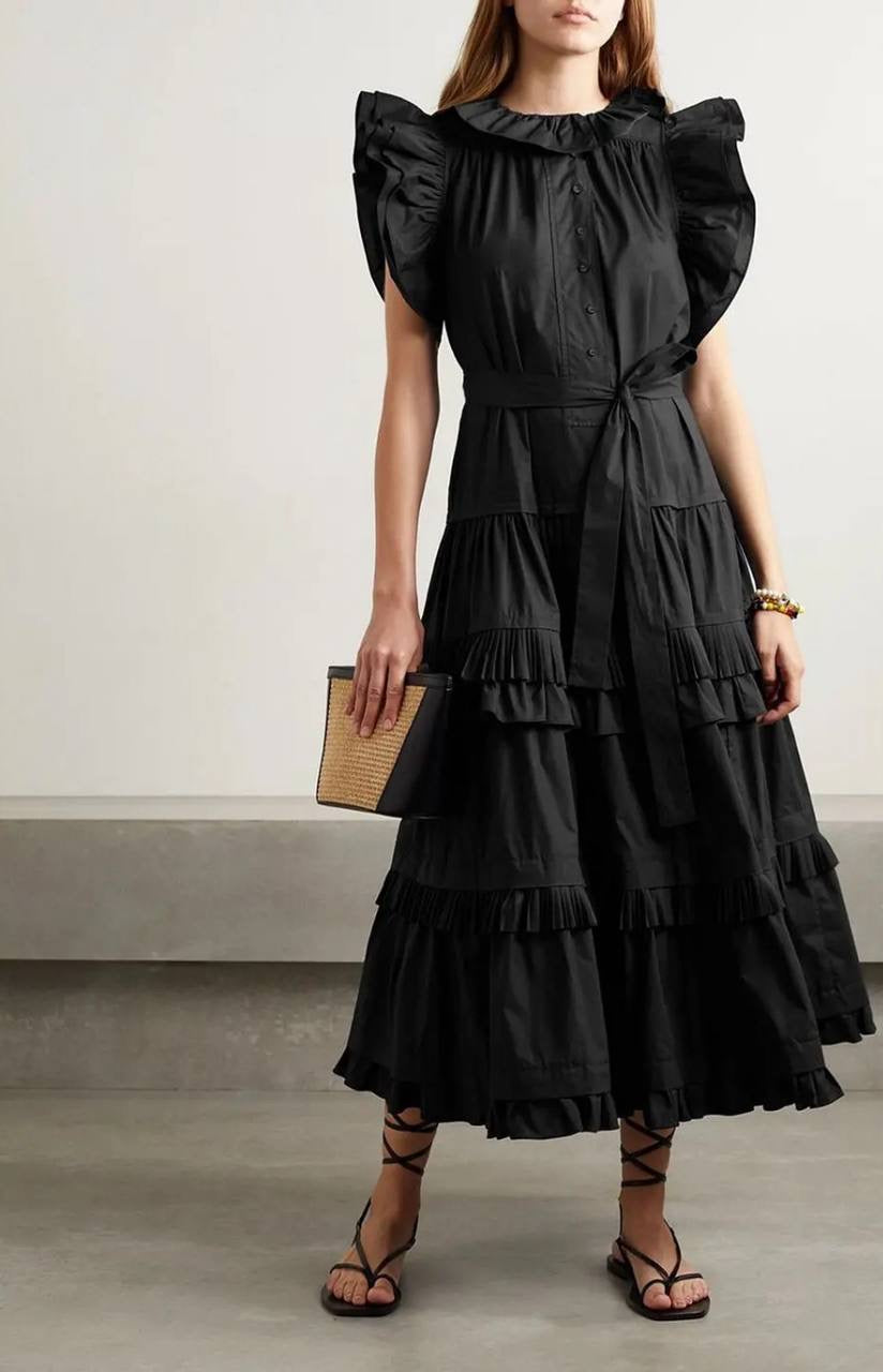 UJ Elsie Ruffle Sleeve Cotton Midi Dress in Noir Black