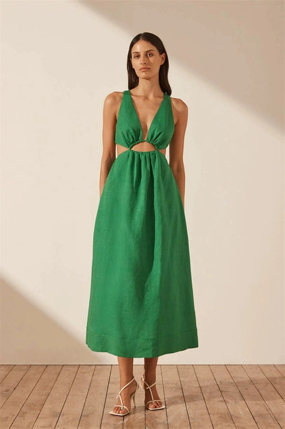 SJ Mare Linen V Neck Cut Out Midi Dress in Tree Green