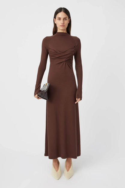 CM Cornell Cotton Long Sleeve Midi Dress in Hickory Brown