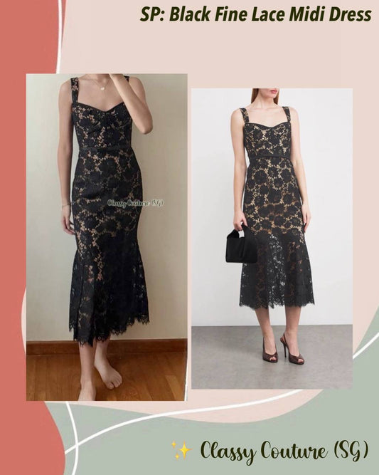 SP Black Fine Lace Bustier Flared Midi Dress