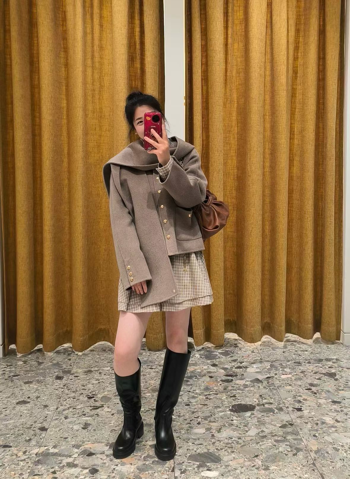 Brown & Camel Short Double-faced Wool-blend Coat Jacket (removable scarf-hood)