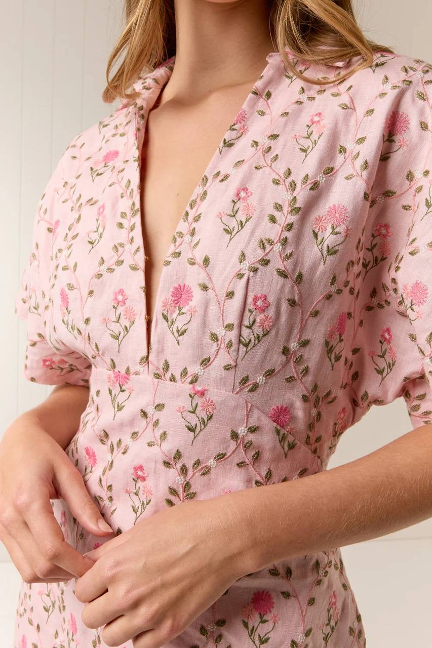 PN Ava Linen-cotton Midi Maxi Dress in Luxembourg Tile Pink Floral